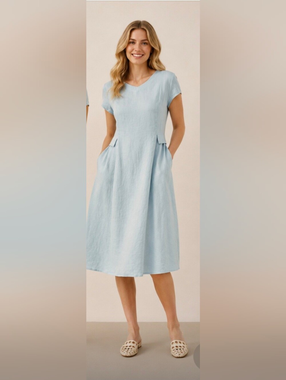 Lintico 100% Linen Midi Dress Light Blue Short Sleeve Eco-Conscious Size L NWT